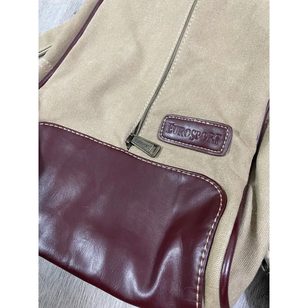Eurosport Canvas‎ Sling Backpack Tan Brown Faux Leather Zip Vintage Travel
